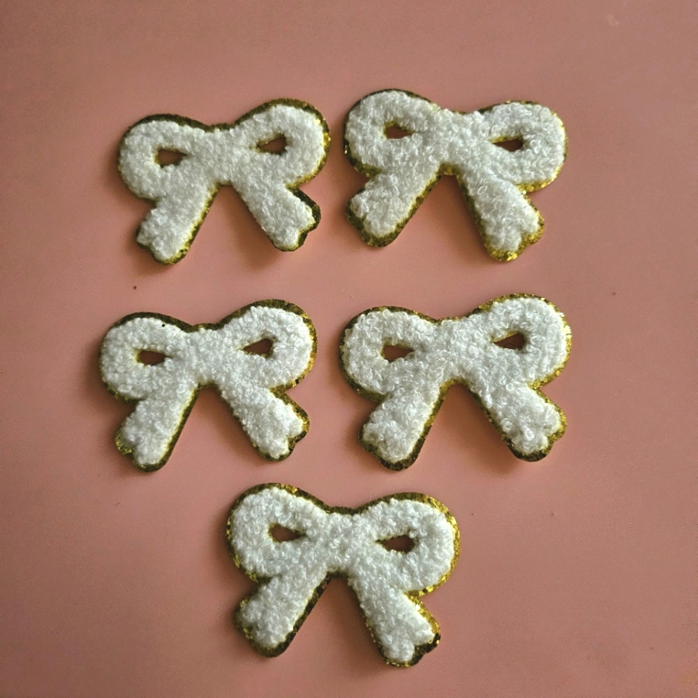 Valentine's White Bow Glitter Trim Iron Patches (5 pieces included)